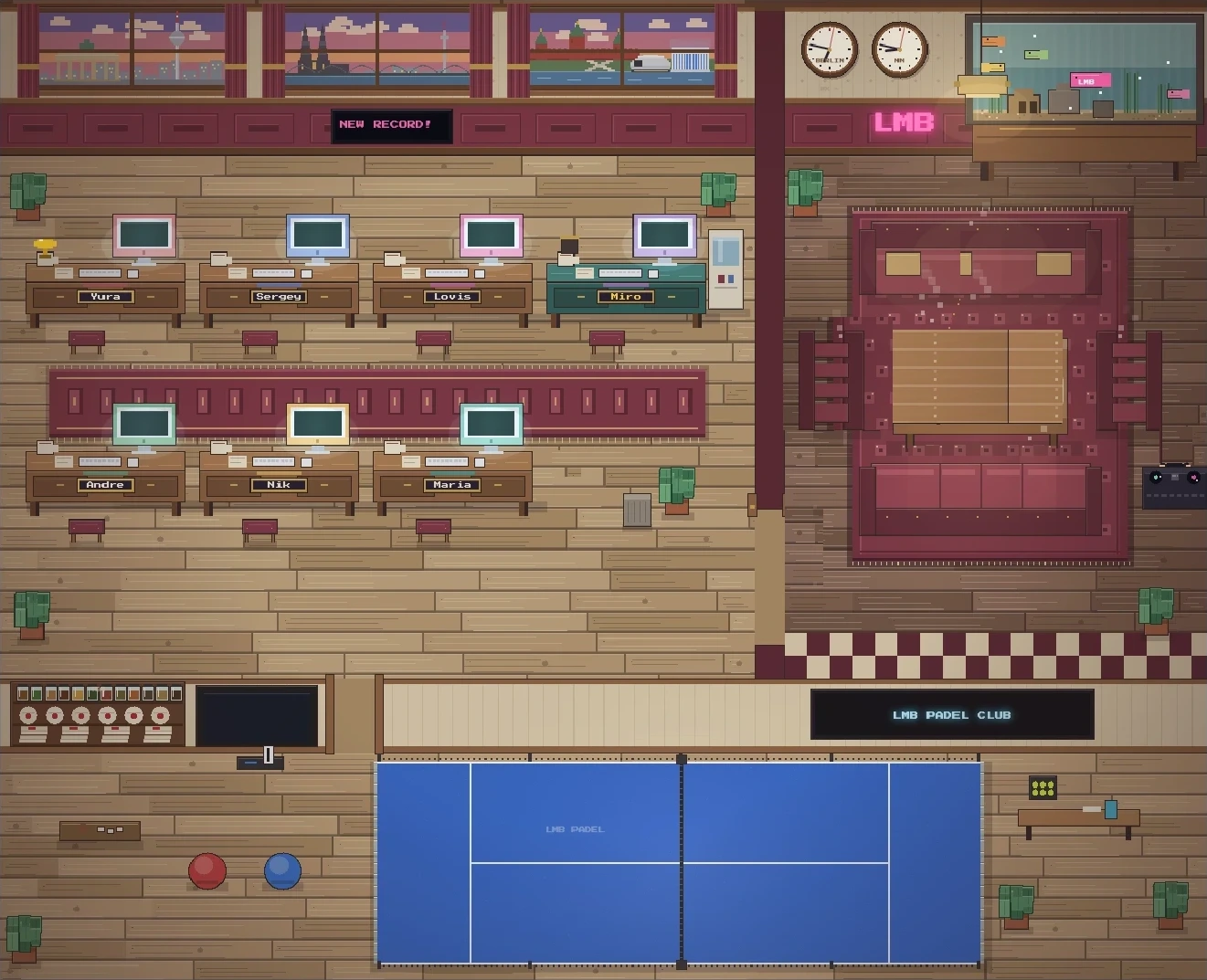 Pixel-art office where KMG's AI agents work at their desks